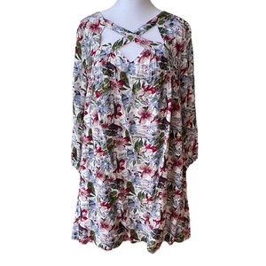 Entro Blue Magenta White Floral Blouson Sleeve Midi Dress Size Large